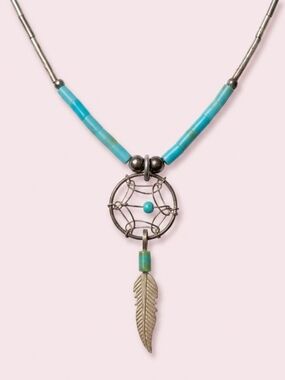 Sterling Liquid Silver Turquoise Dreamcatcher Feather Necklace